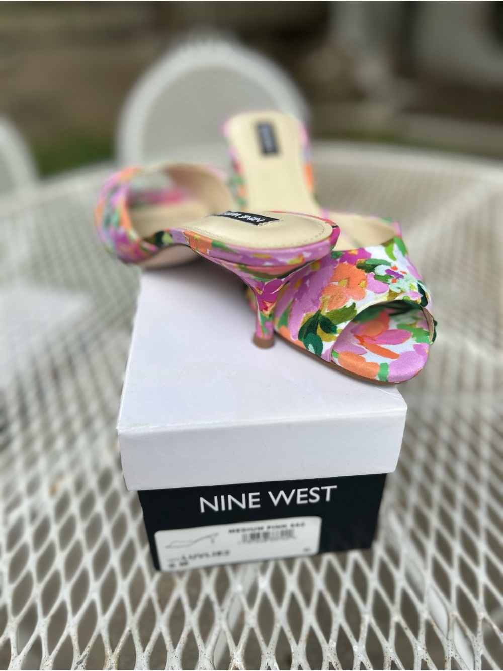 Nine West Floral Open-Toe Kitten Heel Sandals in Pink and Green